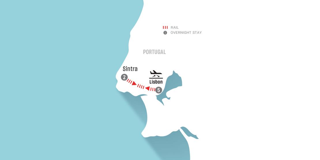 Portugal Map with Sintra, Lisbon marked plus there is an Aeroplane flying icon, then two markers/indicators on top right which says RAIL and OVERNIGHT STAY